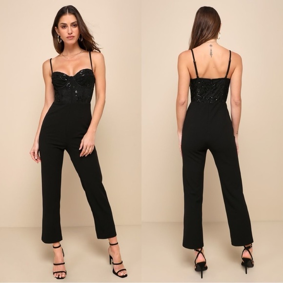 Size M - Lulus Iconic Design Black Sequin Embroidered Bustier Slim Leg‎ Jumpsuit - Picture 1 of 6